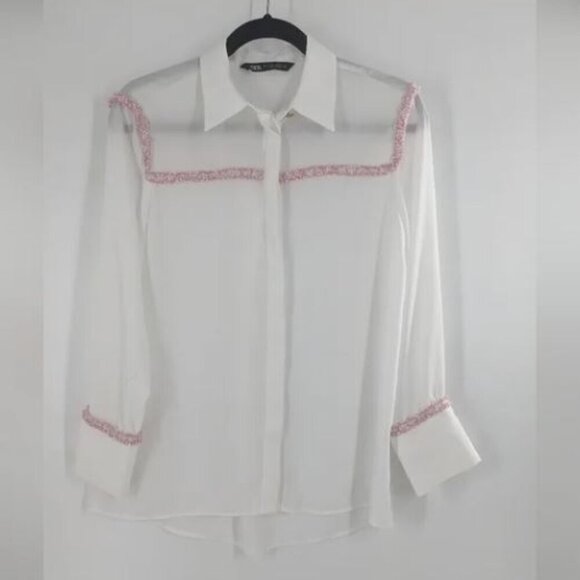 ZARA chanel-esque contrast piping applique button down blouse Size S - Picture 1 of 5